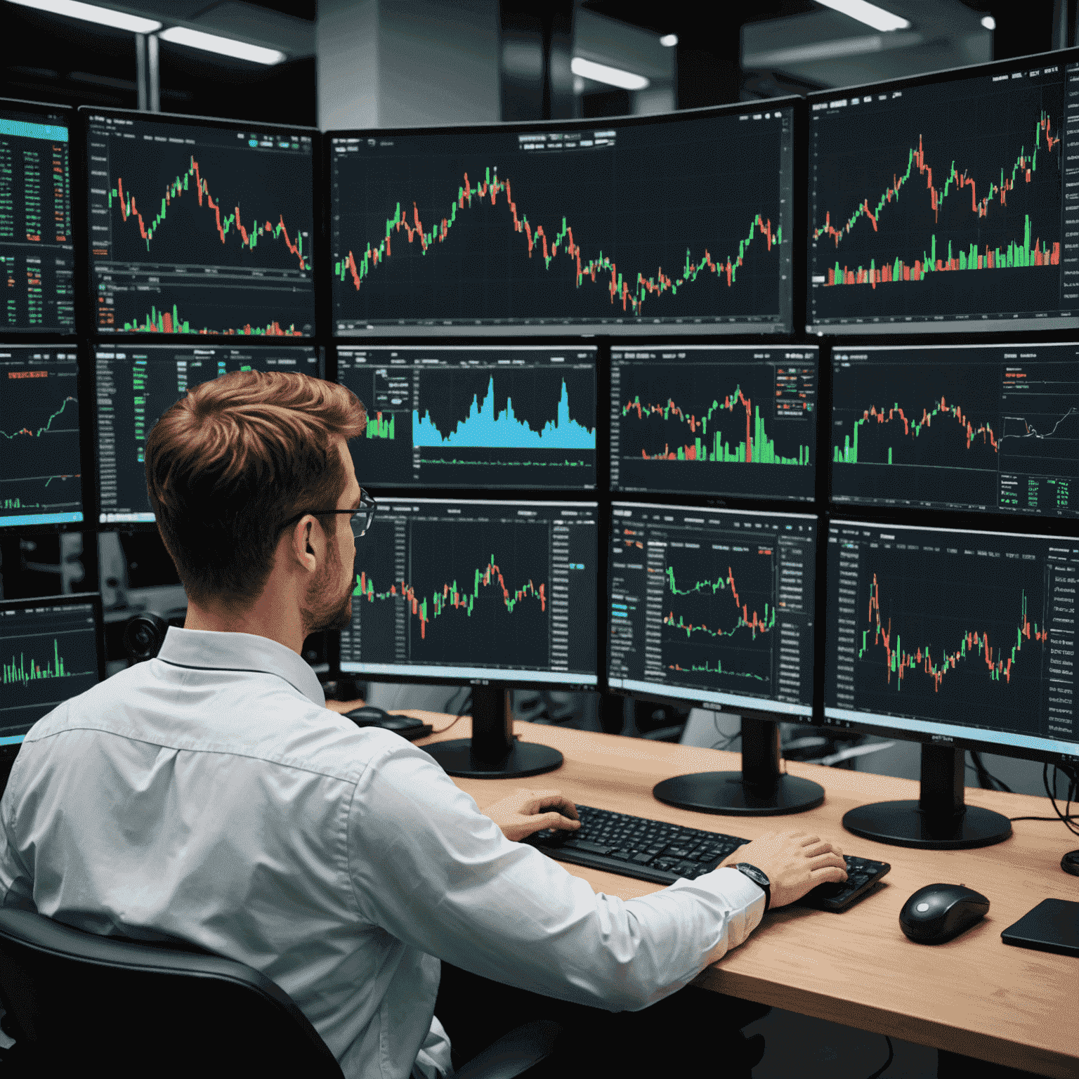 A professional trader using Station Trade Metrics Lab platform, analyzing multiple charts and data points on a large screen setup