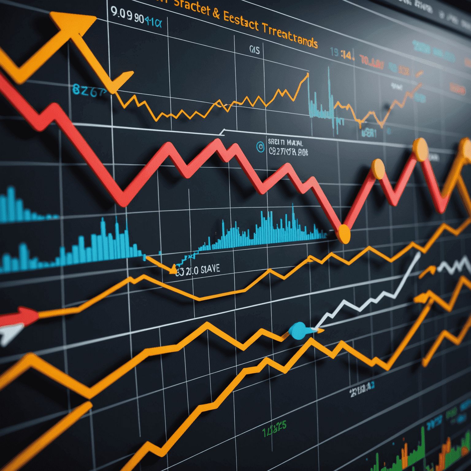 A dynamic chart showing various market trends with arrows pointing to key indicators. The chart includes stock prices, trading volumes, and technical indicators like moving averages and RSI.