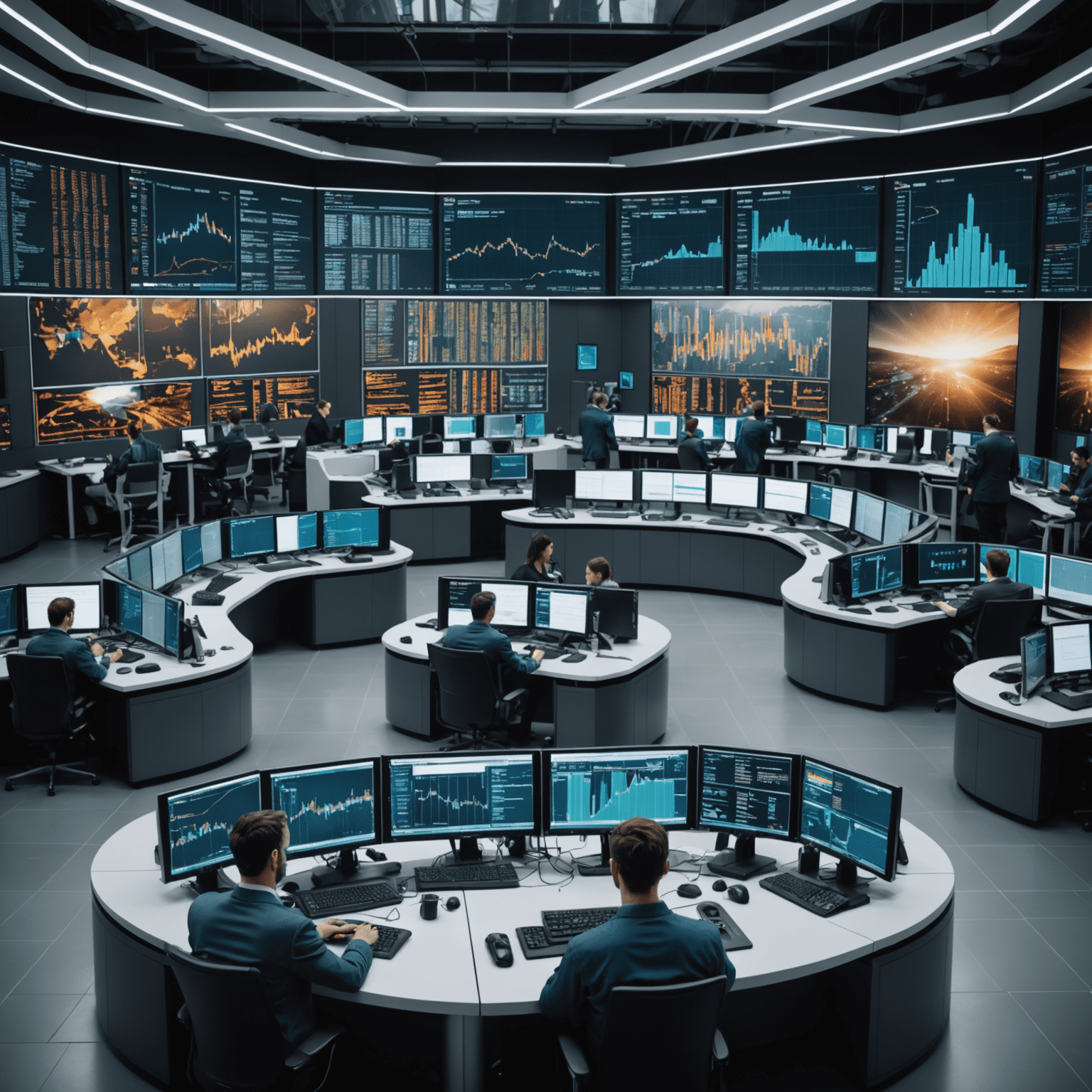 A futuristic trading floor with holographic displays showing AI-powered market analysis and trading algorithms in action. The image showcases a blend of human traders and AI assistants working together.