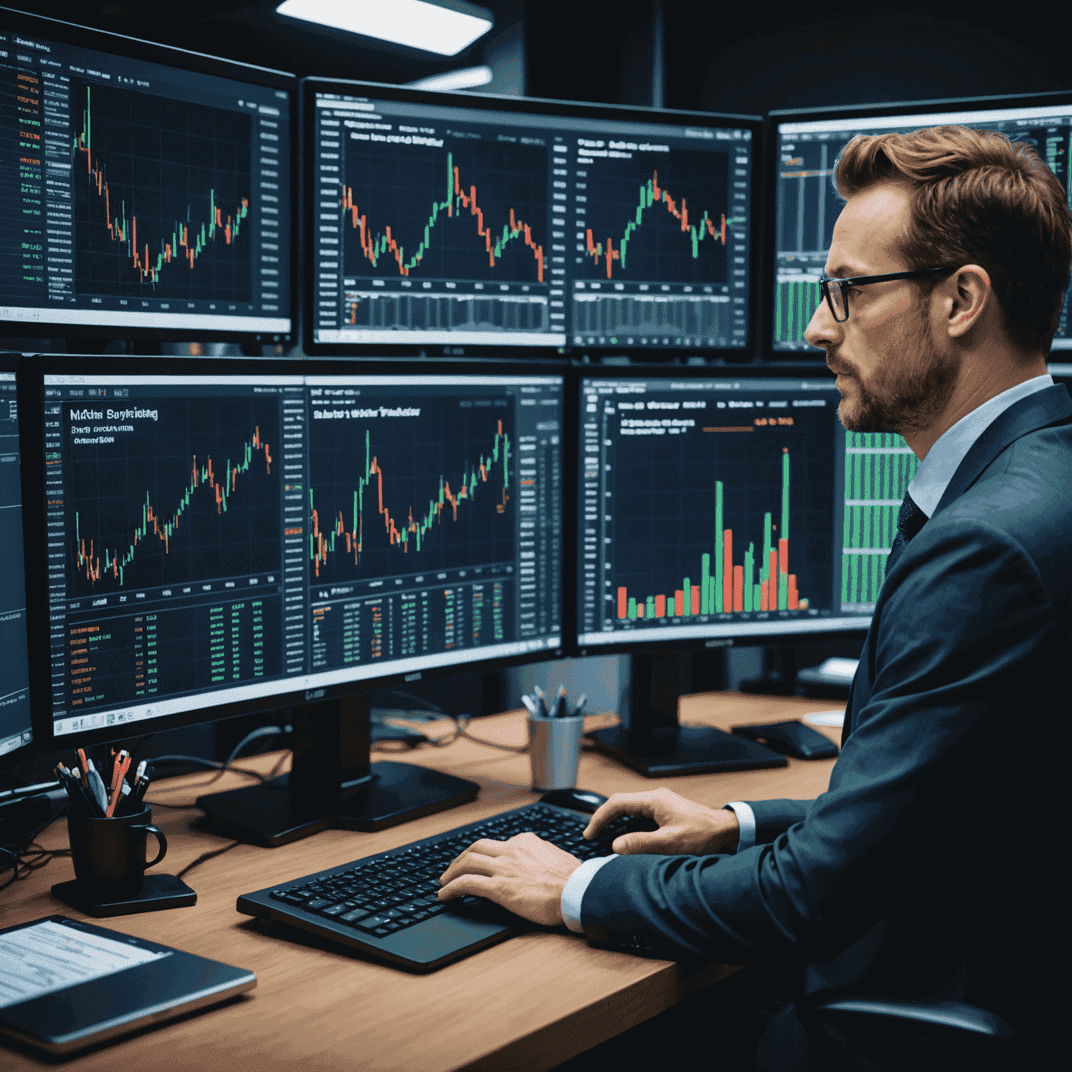 A professional trader using a computer to design and model trading strategies. The screen shows complex charts, graphs, and data visualizations.