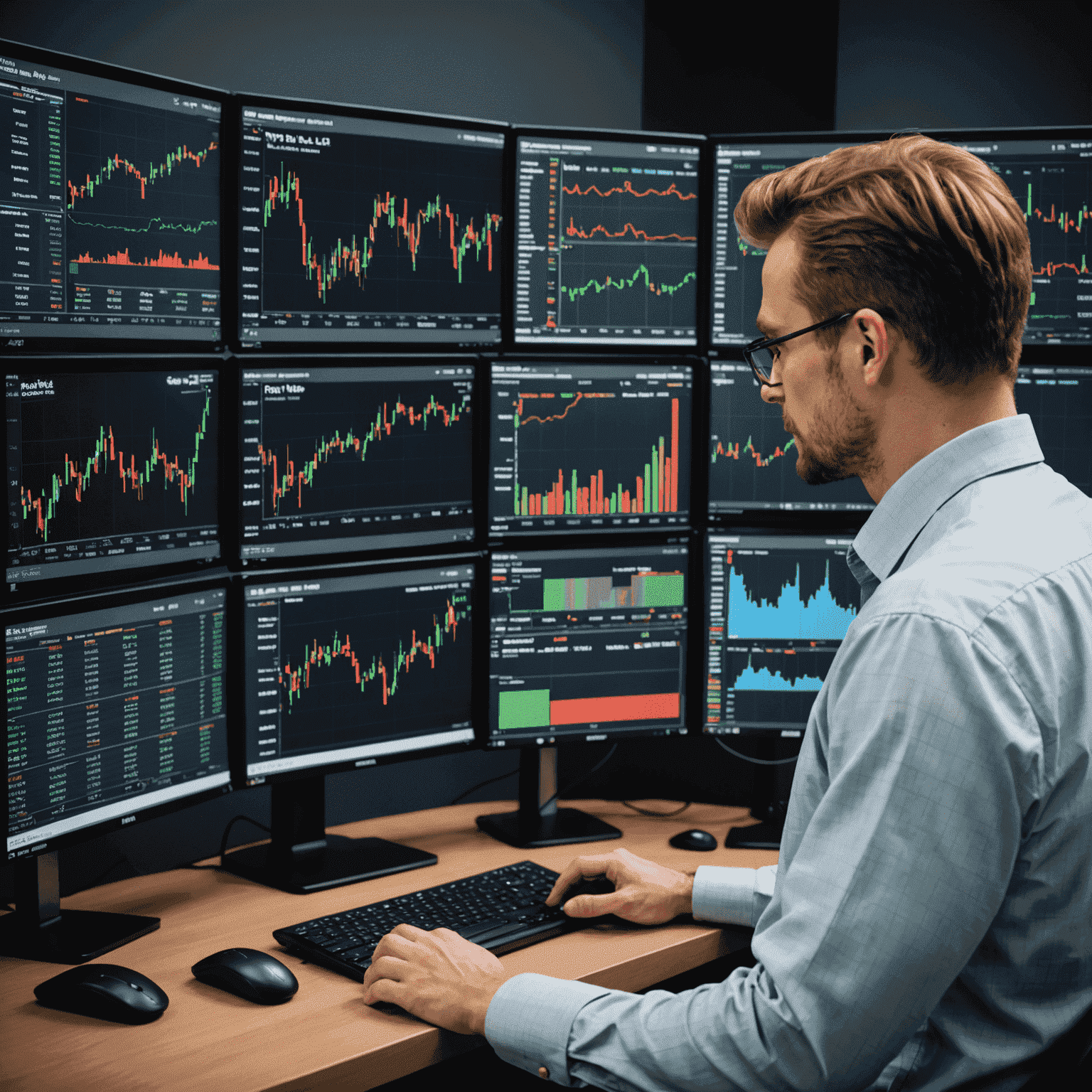 A professional trader using Station Trade Metrics Lab's strategy design tool. The screen displays complex charts, technical indicators, and a user-friendly interface for creating and modeling trading strategies.