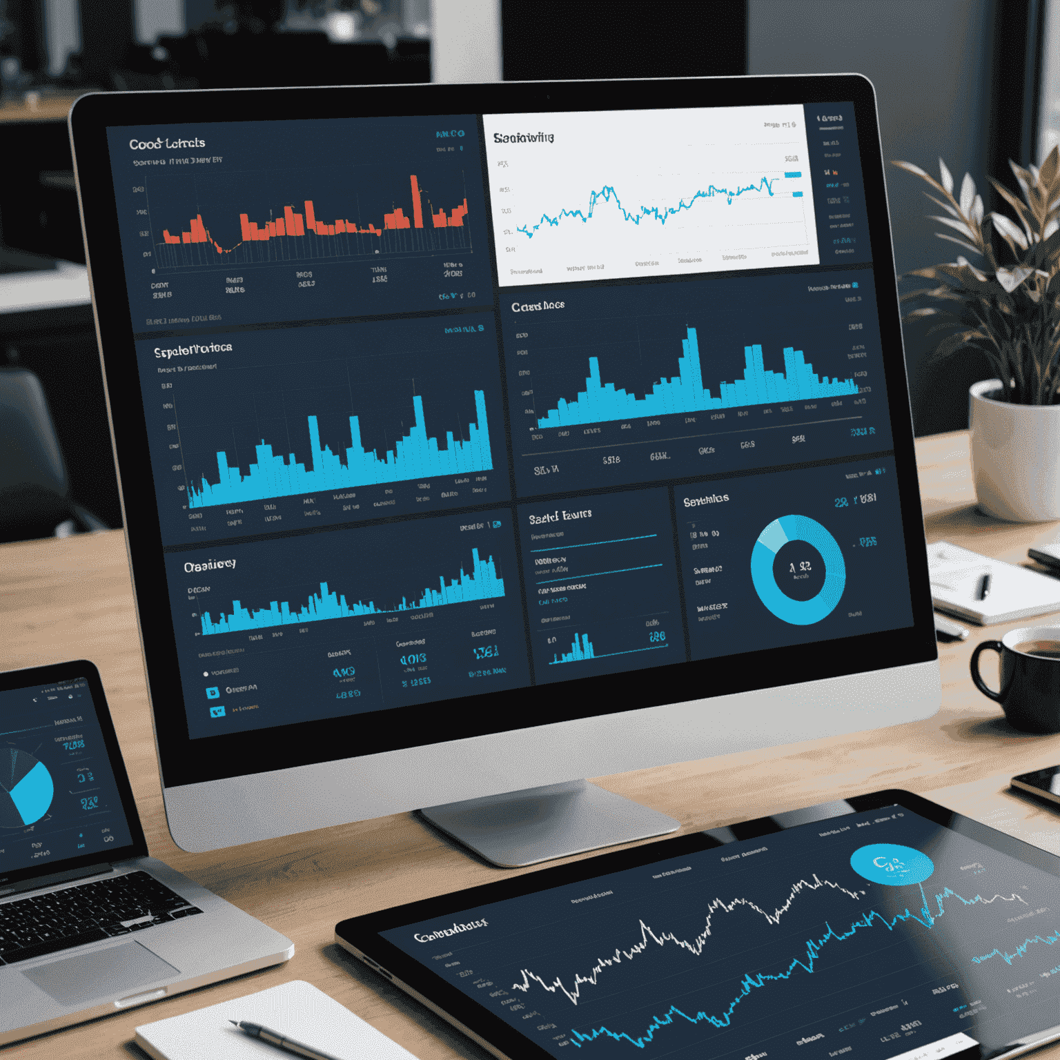 A sophisticated dashboard displaying various trading metrics, charts, and technical indicators. The interface shows multiple windows with candlestick charts, volume indicators, and performance graphs. The color scheme matches the website's style guide with deep blue, white, and light blue accents.