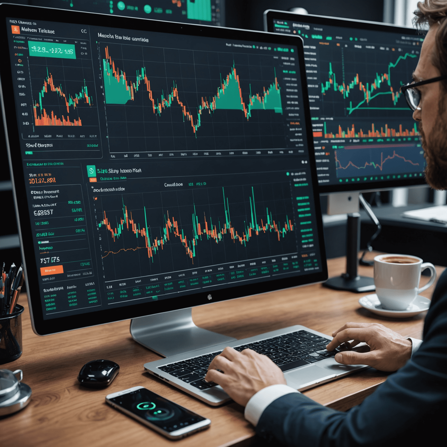 AI-assisted trading interface showing advanced charts, indicators, and machine learning predictions for stock market analysis
