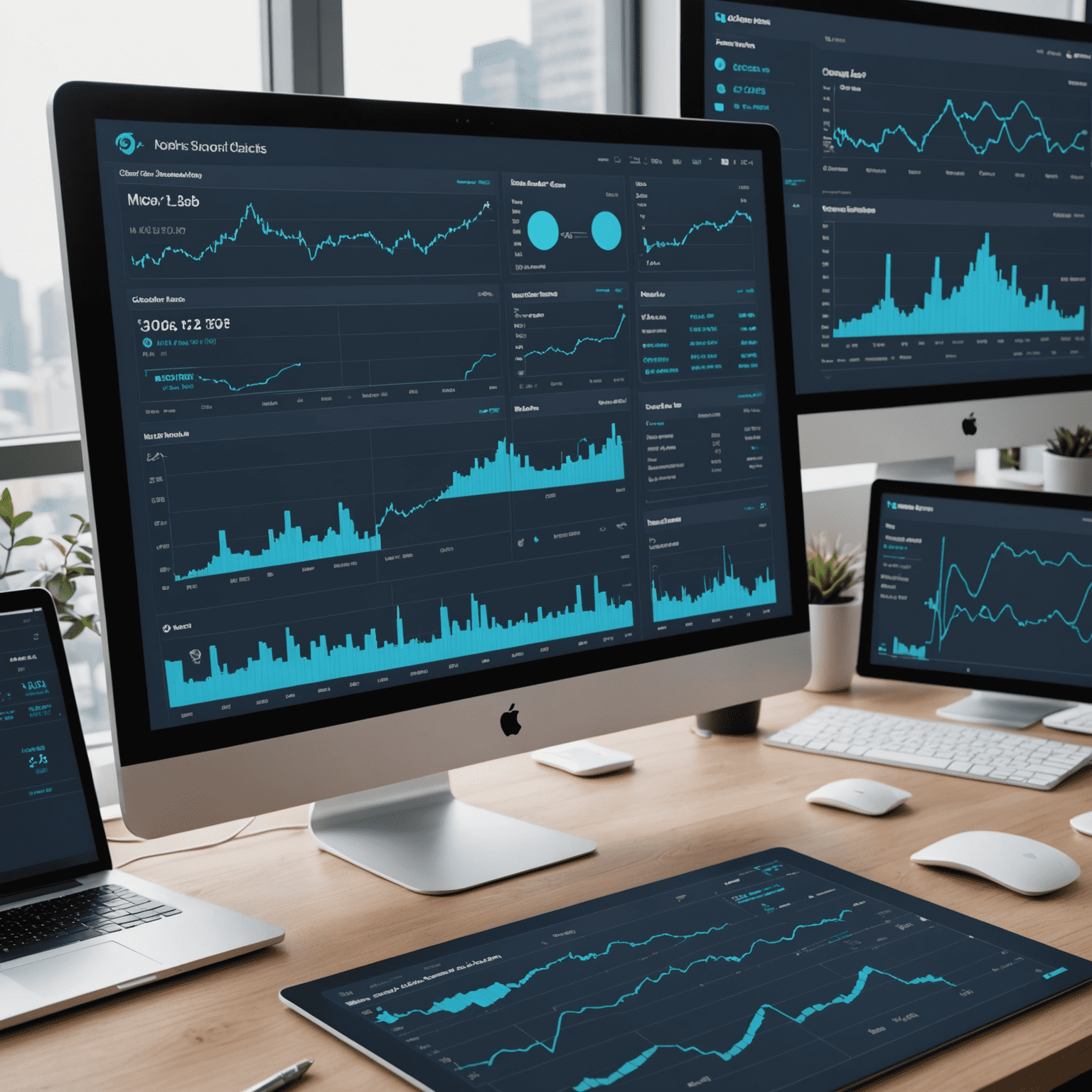 A professional trading platform interface showing multiple charts, indicators, and a strategy export menu. The interface is clean and modern, with a blue color scheme matching Station Trade Metrics Lab's branding.