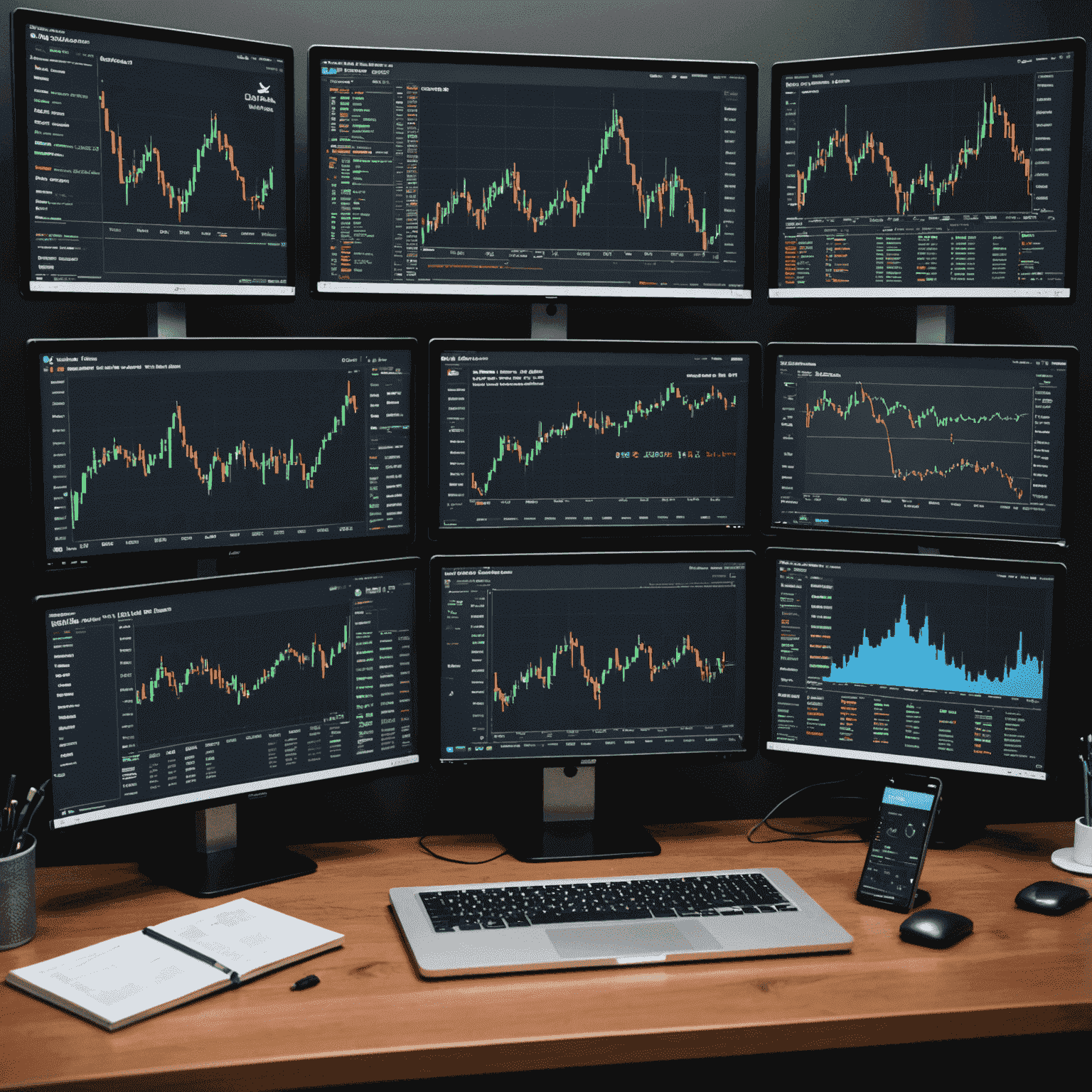 A collection of advanced trading charts and indicators displayed on multiple screens, showcasing various analysis tools provided by Station Trade Metrics Lab