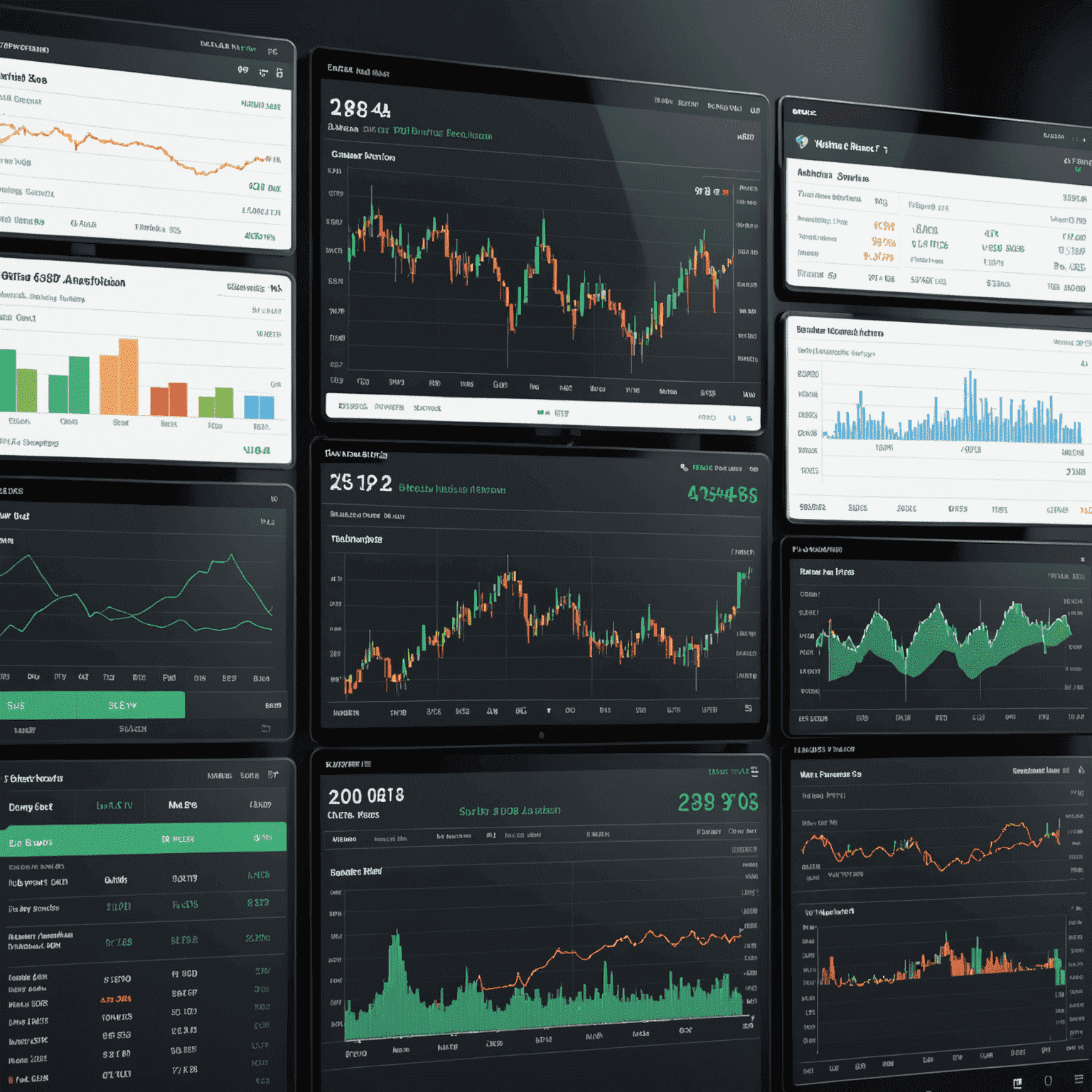 A detailed dashboard showing various trading performance metrics, including charts, technical indicators, and flow visualizations.