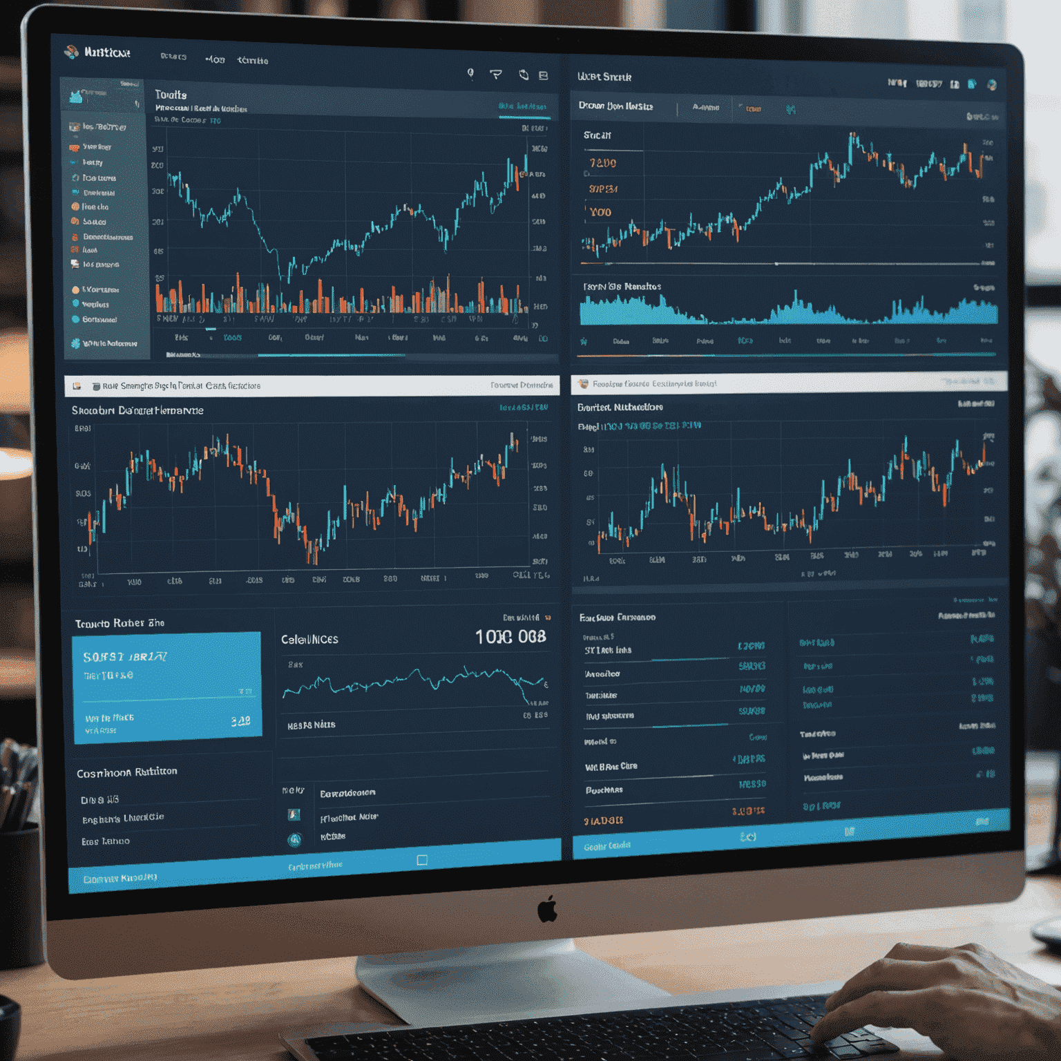 A split-screen view showing a trader analyzing performance metrics. On one side, there's a detailed chart with various technical indicators applied. On the other side, there's a dashboard displaying key performance metrics such as win rate, profit factor, and drawdown. The interface uses the website's color scheme of deep blue and light blue.