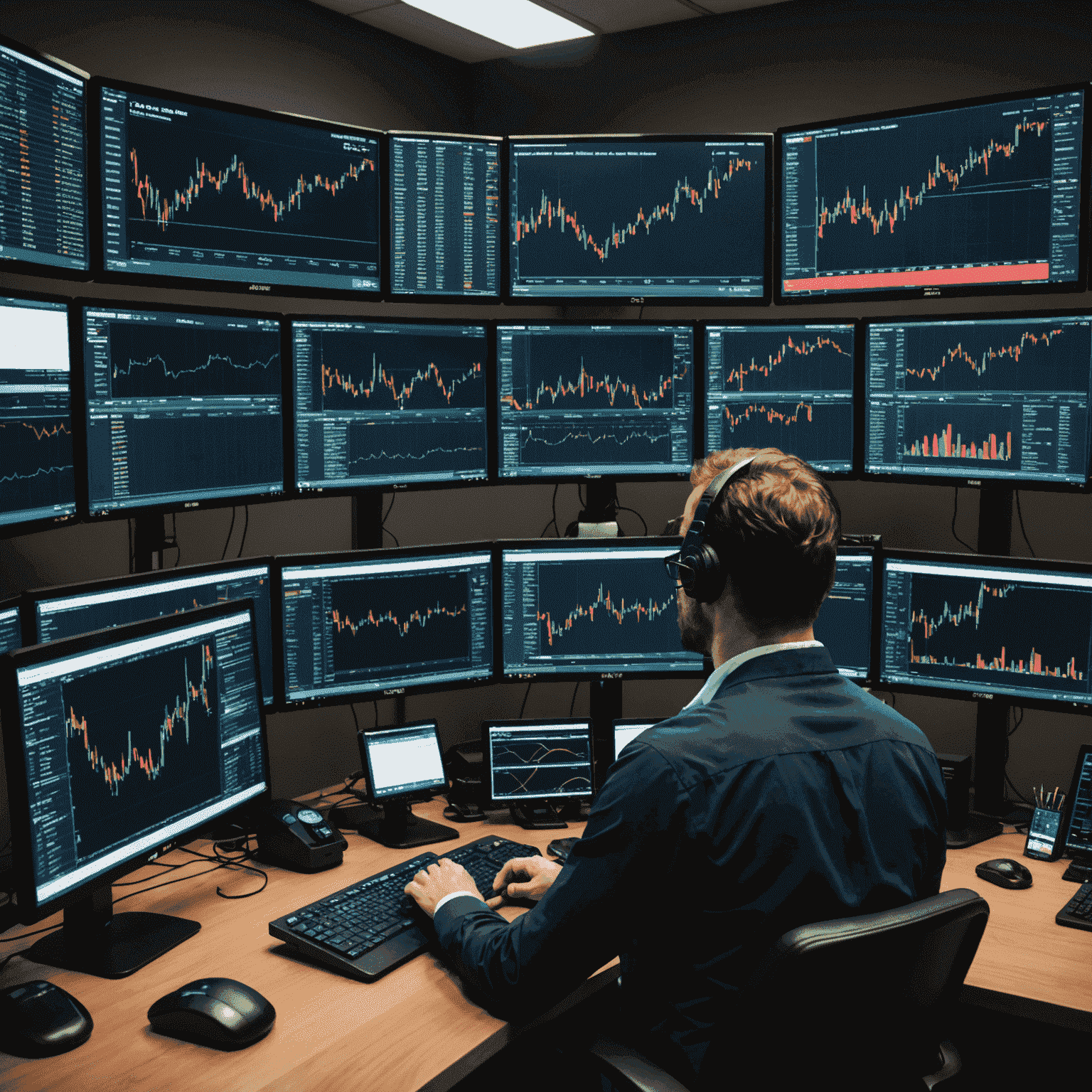 A professional trader using multiple screens displaying various charts, indicators, and data feeds. The image showcases the integration of Station Trade Metrics Lab's platform with other professional trading tools.