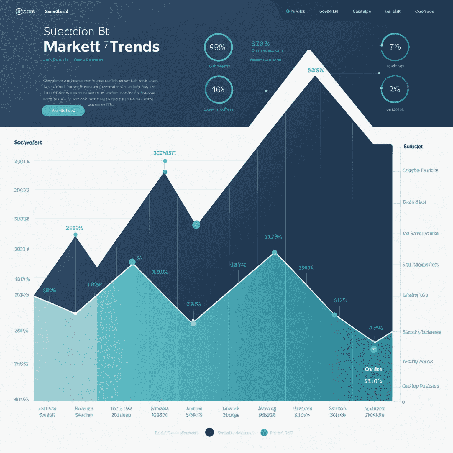 A line chart showing various market trends with arrows indicating up and down movements. The chart uses the website's color palette of deep blue, light blue, and muted teal.