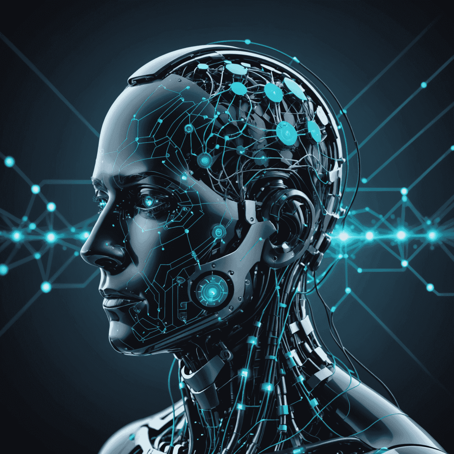 A futuristic visualization of AI in trading, showing interconnected nodes and data streams. The image uses light blue and muted teal colors on a deep blue background.
