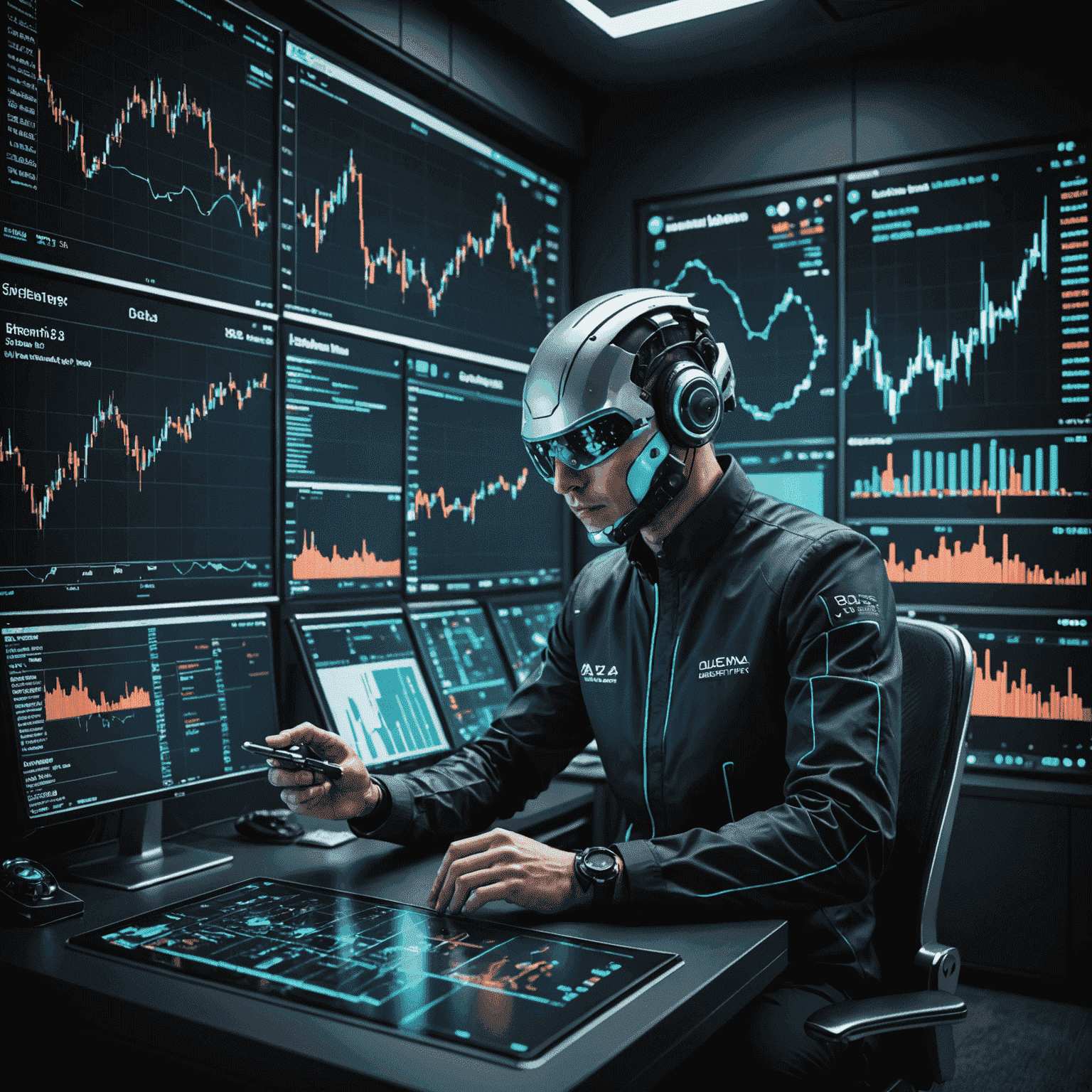 An futuristic interface showing AI algorithms analyzing market trends and suggesting optimal trading strategies.